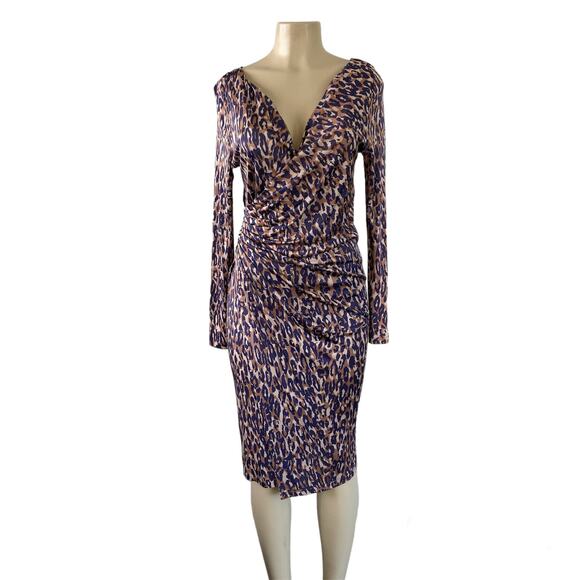 L.K. Bennett Midi Bodycon Dress Women's 8 Purple Tan Silk V Neck Long Sleeve - Picture 1 of 7